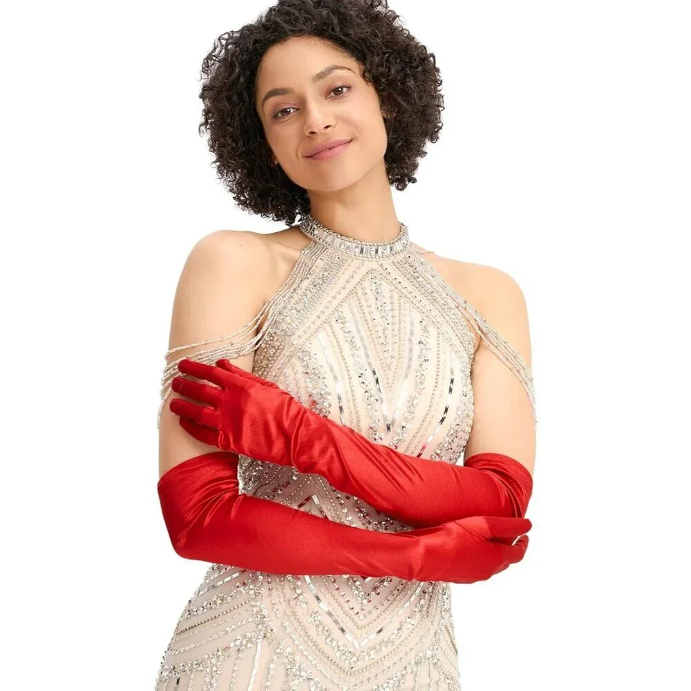 Women's Evening Red Long Satin Gloves Elbow Length Formal Party Prom Wear